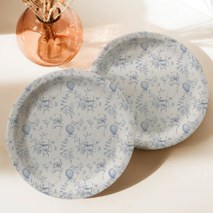 Plato De Papel Toile De Jouy Teddy Bear Dusty Blue Baby Shower