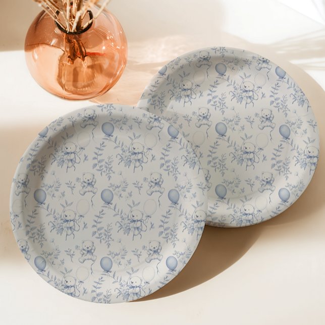 Plato De Papel Toile De Jouy Teddy Bear Dusty Blue Baby Shower (Subido por el creador)