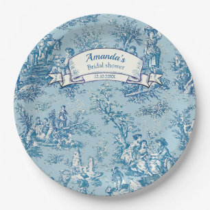Plato De Papel Toile de Jouy vintage floral azul turquesa