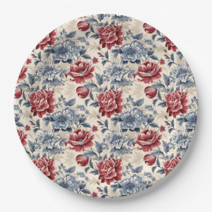 Plato De Papel Toile francesa y rosas azules y rojas de Toile de