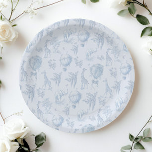 Plato De Papel Toile Safari Hot Air Balloons Blue Baby Ducha