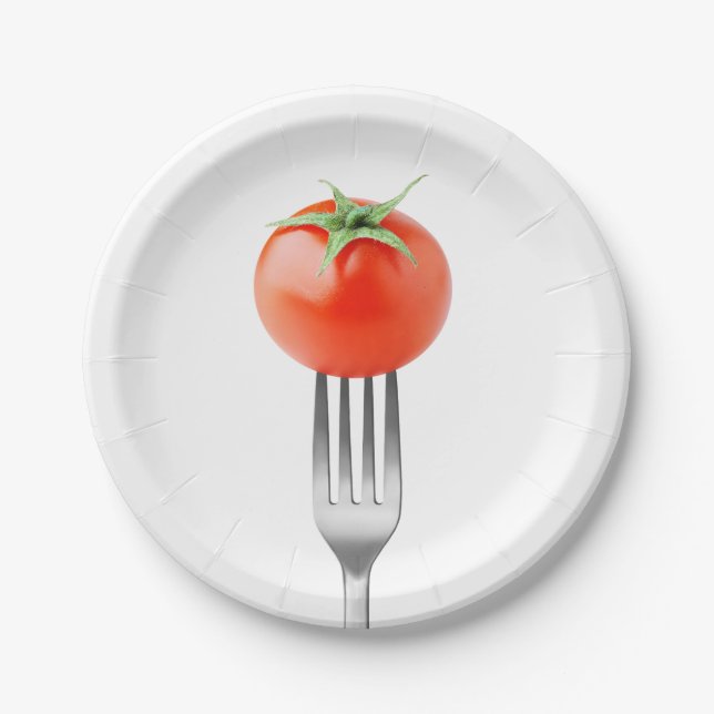 Plato De Papel Tomate cereza en un tenedor (Anverso)