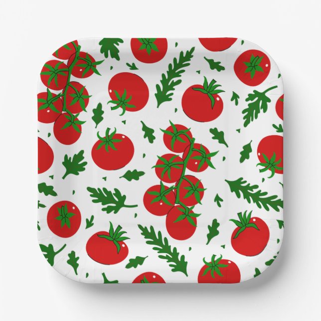 Plato De Papel tomates arúgula verduras vegano vegetariano (Anverso)