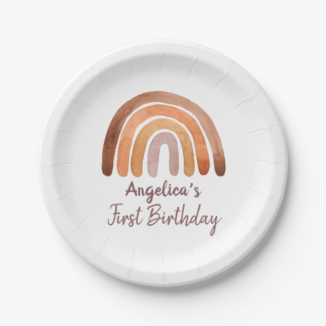 Plato De Papel Tono de tierra acuarela Arcoiris primer     cumple (Anverso)