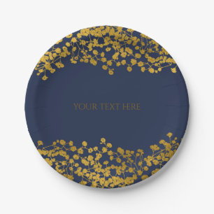 Plato De Papel Tono Dorado Baby's Breath Floral Elegante Azul