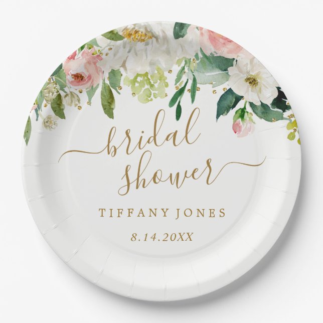 Plato De Papel Tono Rosa Dorado Floral Confeti Despedida de Solte (Anverso)