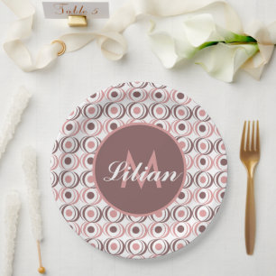 Plato De Papel Tono terroso circular retro rosa monogramado    