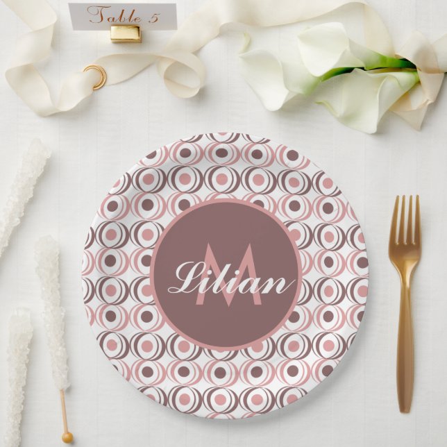 Plato De Papel Tono terroso circular retro rosa monogramado     (Boda)