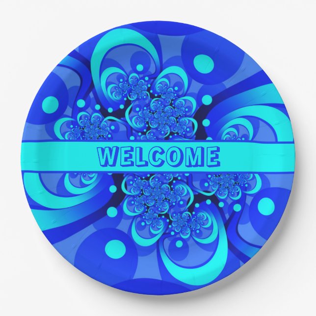 Plato De Papel Tonos de arte fractal azul moderno abstracto (Anverso)