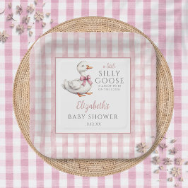 Plato De Papel Tonta Fiesta de Bebé de Ganso Rosa a Cuadros