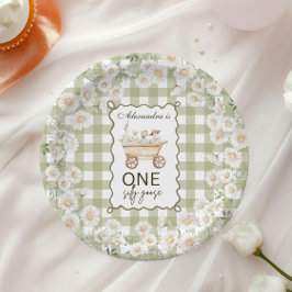 Plato De Papel Tonto Ganso Cumpleaños 1 Verde Gingham