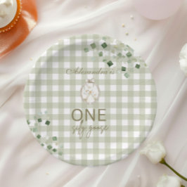 Plato De Papel Tonto Ganso Cumpleaños 1er Verde Gingham