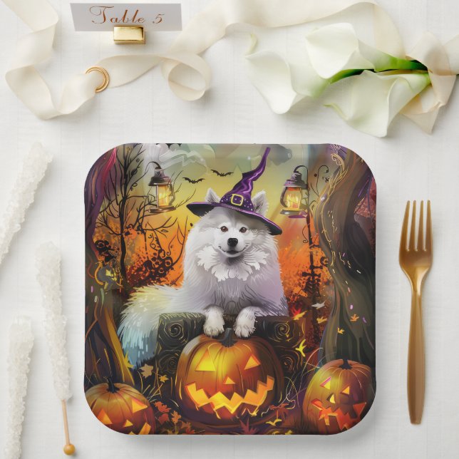 Plato De Papel Tonto Samoyed Perro Halloween Bruja Y Calabaza (Boda)