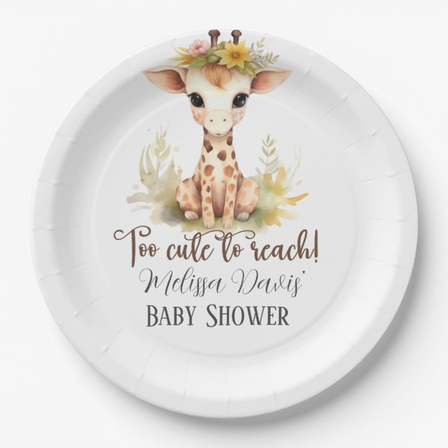 Plato De Papel Too Cute to Reach Giraffe Baby Shower Paper Plates (Anverso)