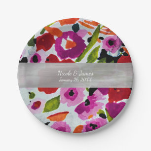 Plato De Papel Toque de color intenso Flores acuarela con tinta