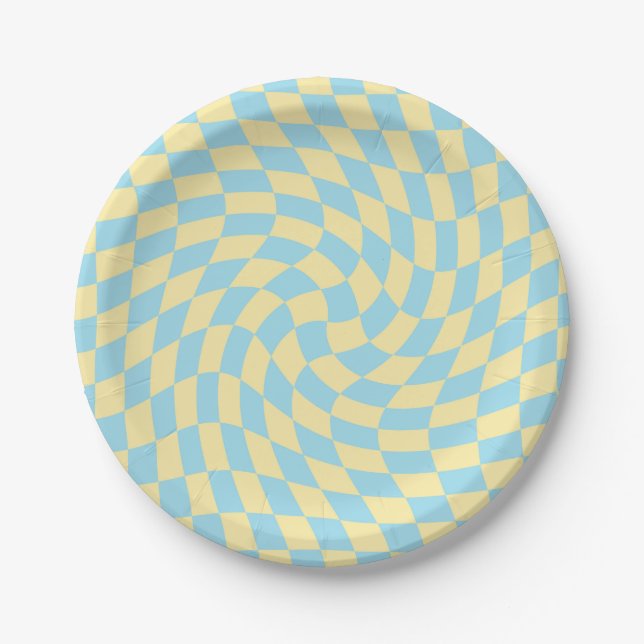 Plato De Papel Tornillo de cheques retro azul amarillo agitado (Anverso)