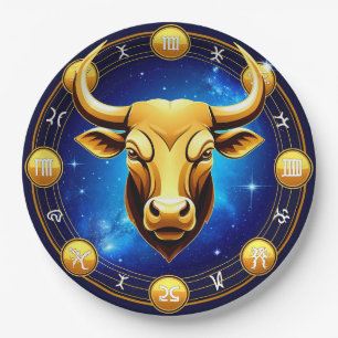 Plato De Papel Toro Tauro Dorado en Círculo Zodiacal Cósmico