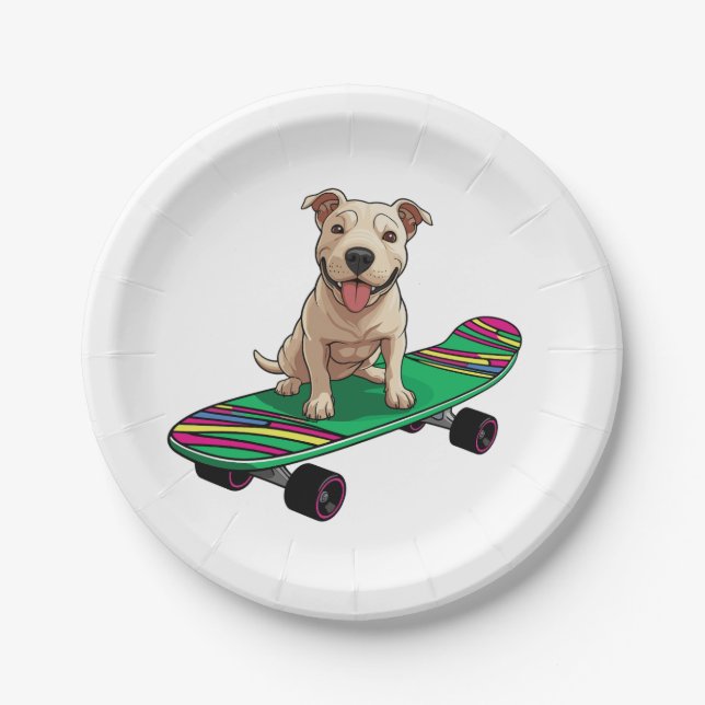 Plato De Papel Toro Terrier inglés en una skateboard (Anverso)