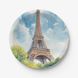 Plato De Papel Torre Eiffel Acuarela París Francia Pintado