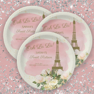 Plato De Papel Torre Eiffel de oro rosa elegante París Sweet 16 