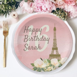 Plato De Papel Torre Eiffel Oro Rosa Dulce 16 Cumpleaños