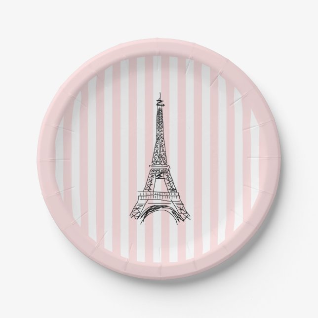 Plato De Papel Torre Eiffel París Ilustración Franja Rosa (Anverso)