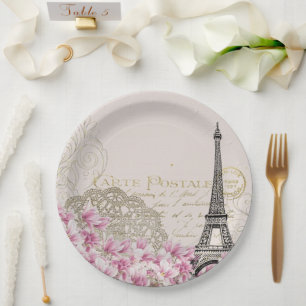 Plato De Papel Torre Eiffel Vintage París Francia Romance Rosa