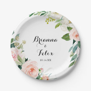 Plato De Papel Torta Boda Floral Verde Caligrafía