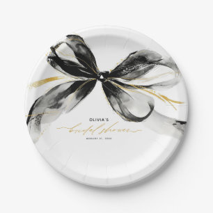 Plato De Papel Torta de boda sofisticada con lazo negro y dorado