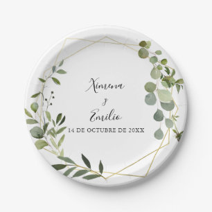 Plato De Papel Torta de Boda verde tropical geométrica
