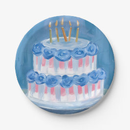 Plato De Papel Torta De Cumpleaños Azul Celebración De Acuarela F