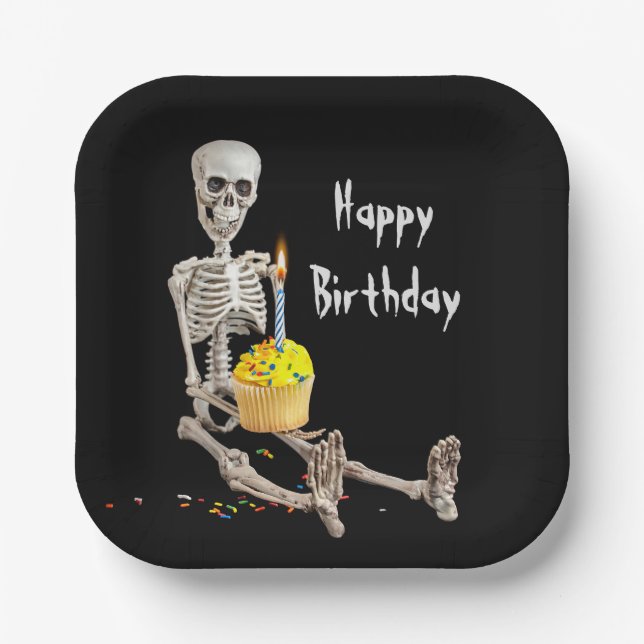 Plato De Papel Torta de cumpleaños de Halloween en negro (Anverso)