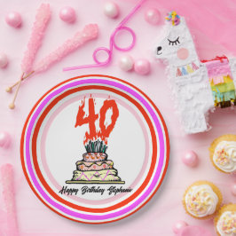 Plato De Papel Torta de cumpleaños en llamas con 40 velas