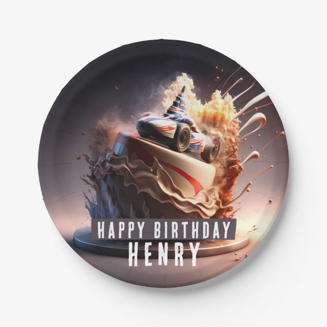 Plato De Papel Torta de cumpleaños para Carreras de coches - (Anverso)