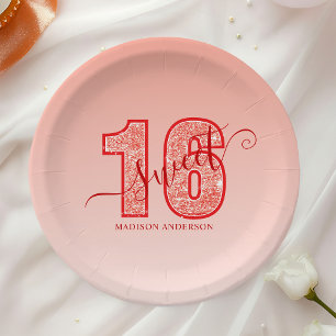 Plato De Papel Torta de Cumpleaños Script Sweet 16 con Purpurina