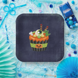 Plato De Papel Torta de Halloween dulce y espeluznante con un gra