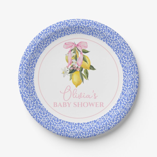 Plato De Papel Torta De Shower Para Bebe Lemon Pink Bow La Dolce  (Anverso)