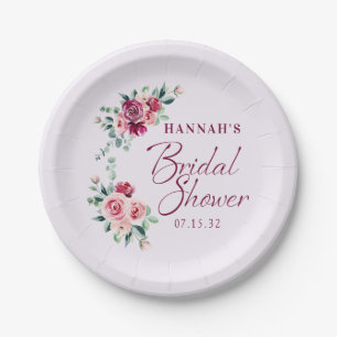 Plato De Papel Torta Floral de Burgundy Rosado Baño Nupcial