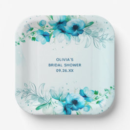 Plato De Papel Torta Nupcial de Acuarela Floral Azul Personalizad