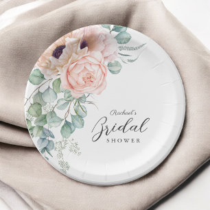 Plato De Papel Torta Nupcial de Flores de Acuarela Rosa Suave