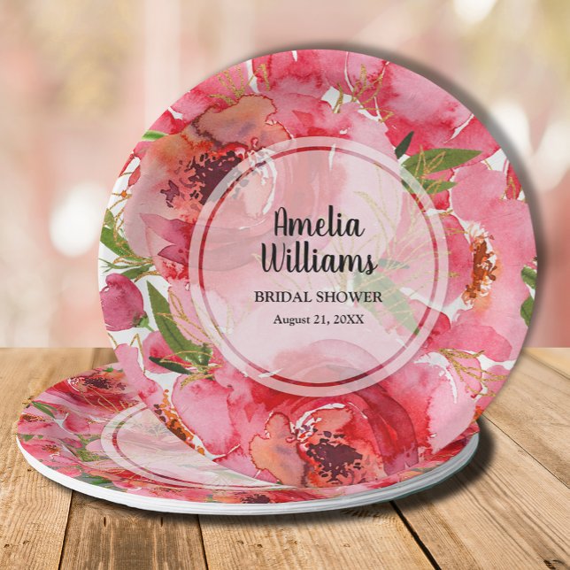 Plato De Papel Torta nupcial de flores rosadas en acuarela (Personalized watercolor pink floral bridal shower paper plates)