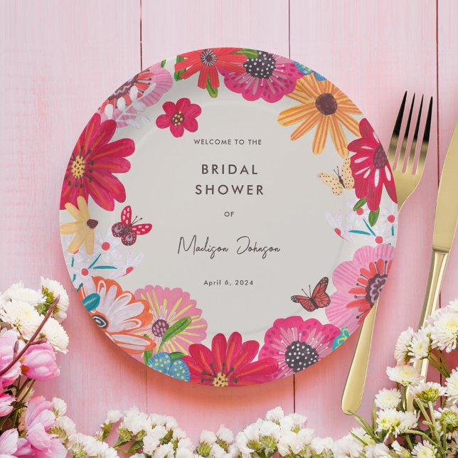 Plato De Papel Torta Nupcial de Flores Silvestres Brillantes Colo (Colorful Bright Wildflower Bridal Shower Paper Plates)