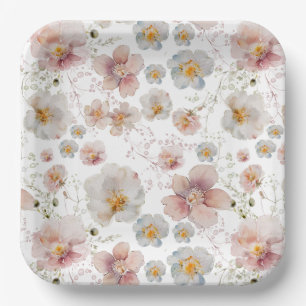 Plato De Papel Torta Nupcial de Flores Silvestres Rosa y Azul Acu