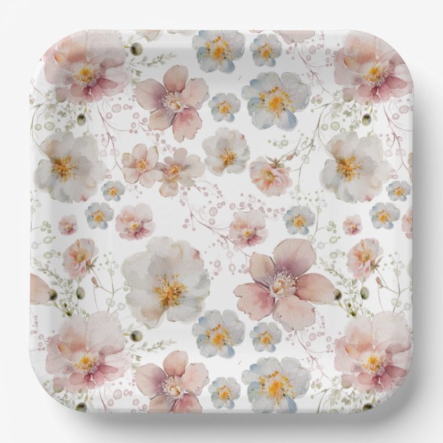 Plato De Papel Torta Nupcial de Flores Silvestres Rosa y Azul Acu (Anverso)