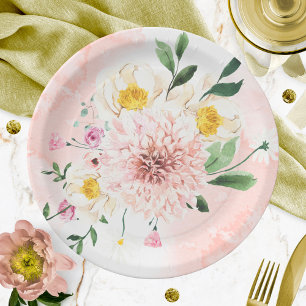 Plato De Papel Torta nupcial floral acuarela romántica rubor