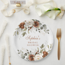 Plato De Papel Torta Nupcial Floral Cremosa de Hierbas Doradas