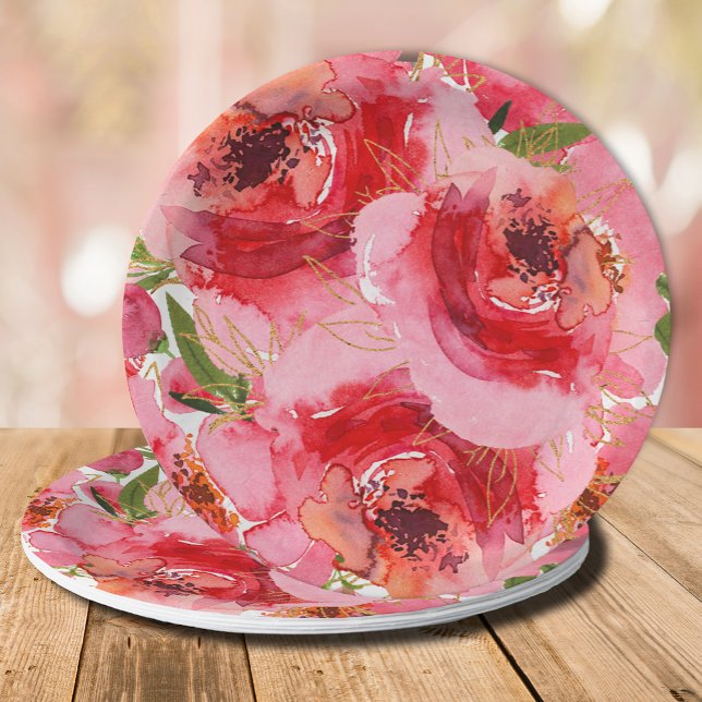 Plato De Papel Torta nupcial floral de acuarela rosa y dorado (Watercolor pink peony flowers and leaves bridal shower paper plates)