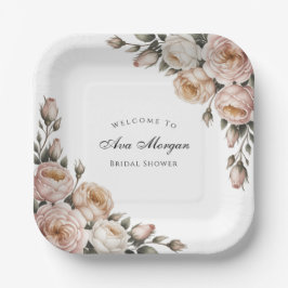 Plato De Papel Torta Nupcial Floral Rosa e Marfil Bridal Shower