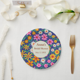 Plato De Papel Torta Nupcial Retro Boho Floral Rosa Naranja 