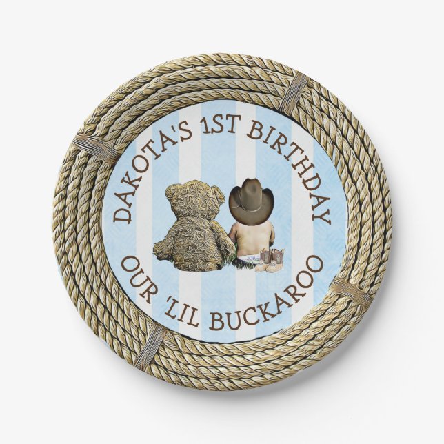 Plato De Papel Torta temática personalizada de Cowboy de primer c (Anverso)